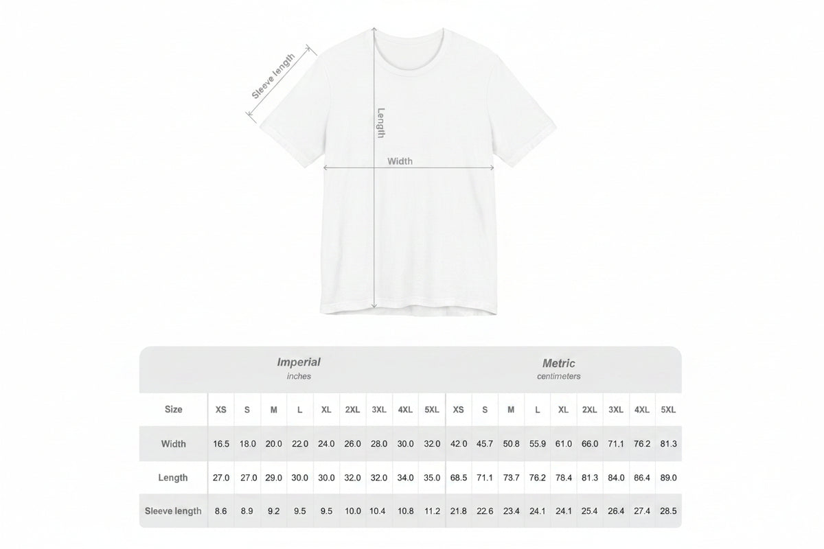 White t-shirt with measurement chart on a white background