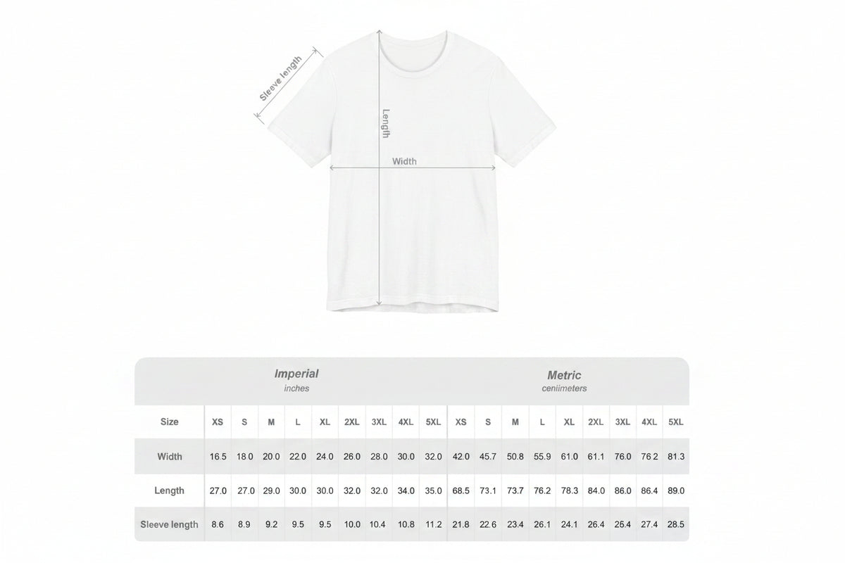 White t-shirt with measurement chart on a white background