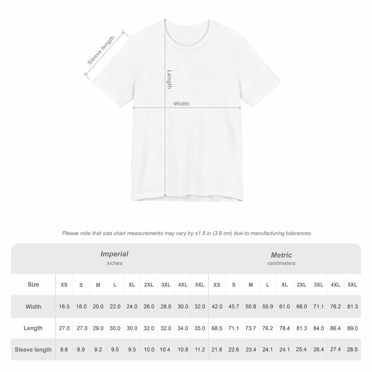 White t-shirt with measurement chart on a white background
